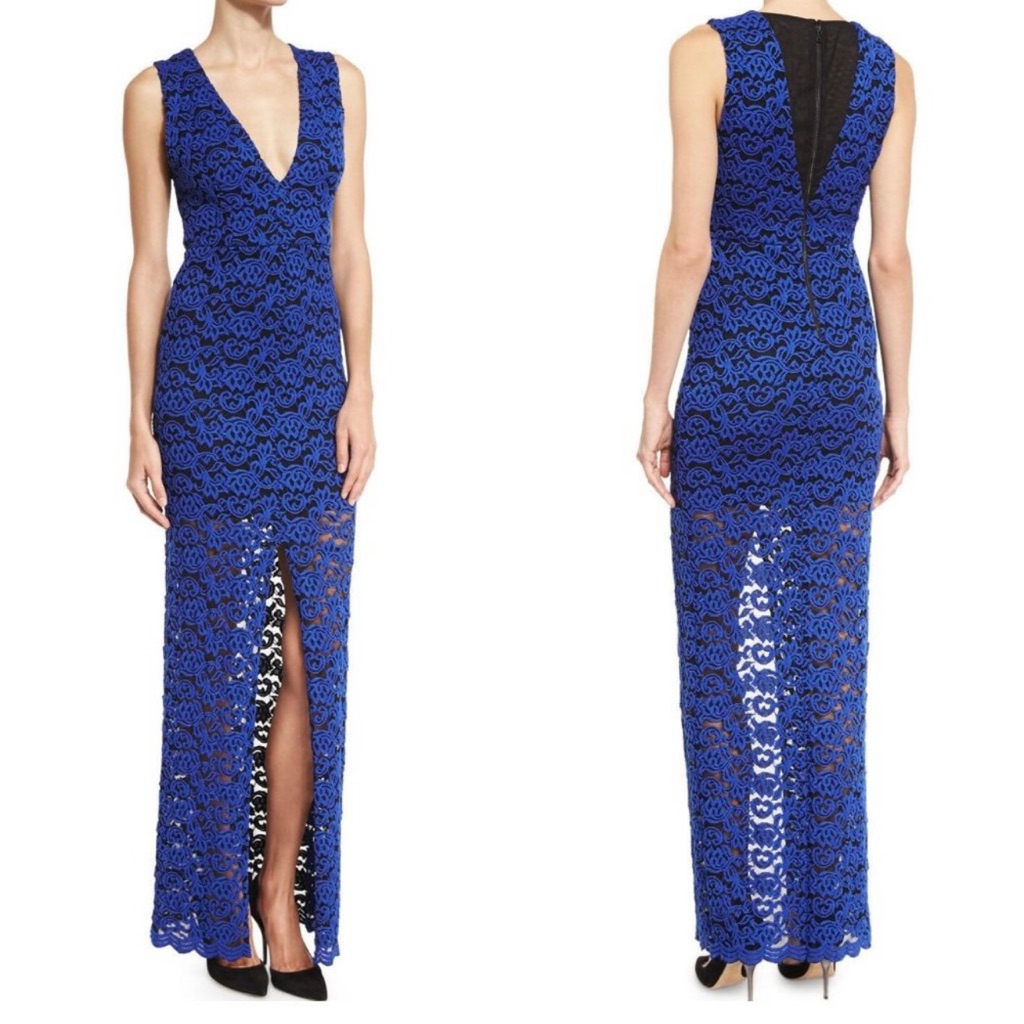 Women's Alice + Olivia Kahlo V-Neck Lace Column Blue Black Maxi Dress Size 0